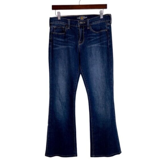 Lucky Brand Women's 8/29 Ankle Sofia Boot Denim Blue Jeans Dark Blue Flare - Picture 1 of 11